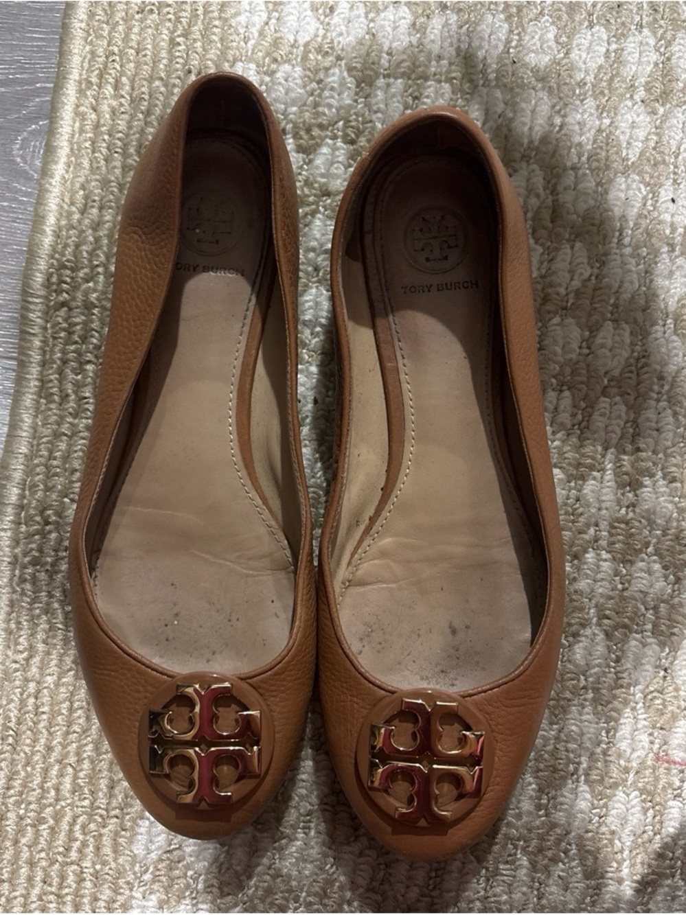 Tory Burch Cognac Leather Logo Ballet Flats